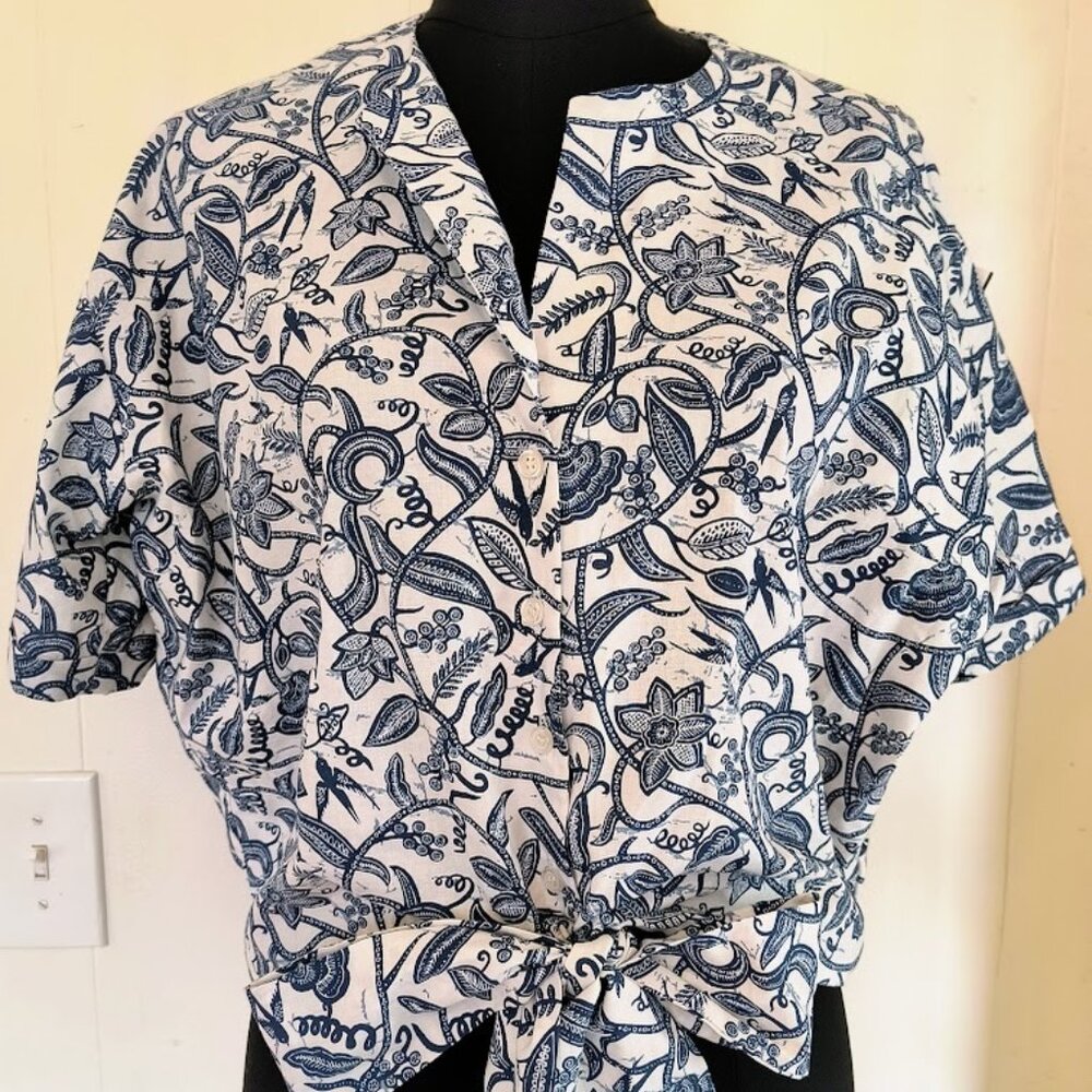 White and Blue Floral Paisley Print Tie Front Blouse